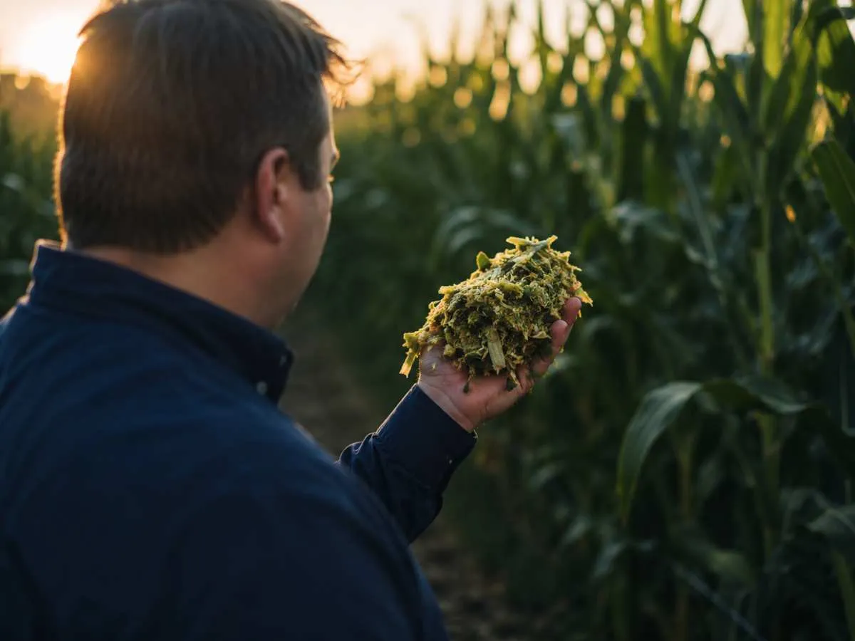A researcher reading chopped silage in the field at sunset