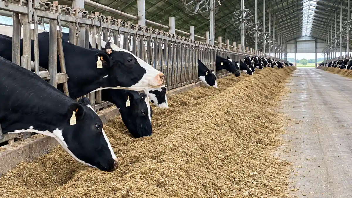 TMR sorting: Holstein cows eating TMR at the feed bunk in a freestall barn